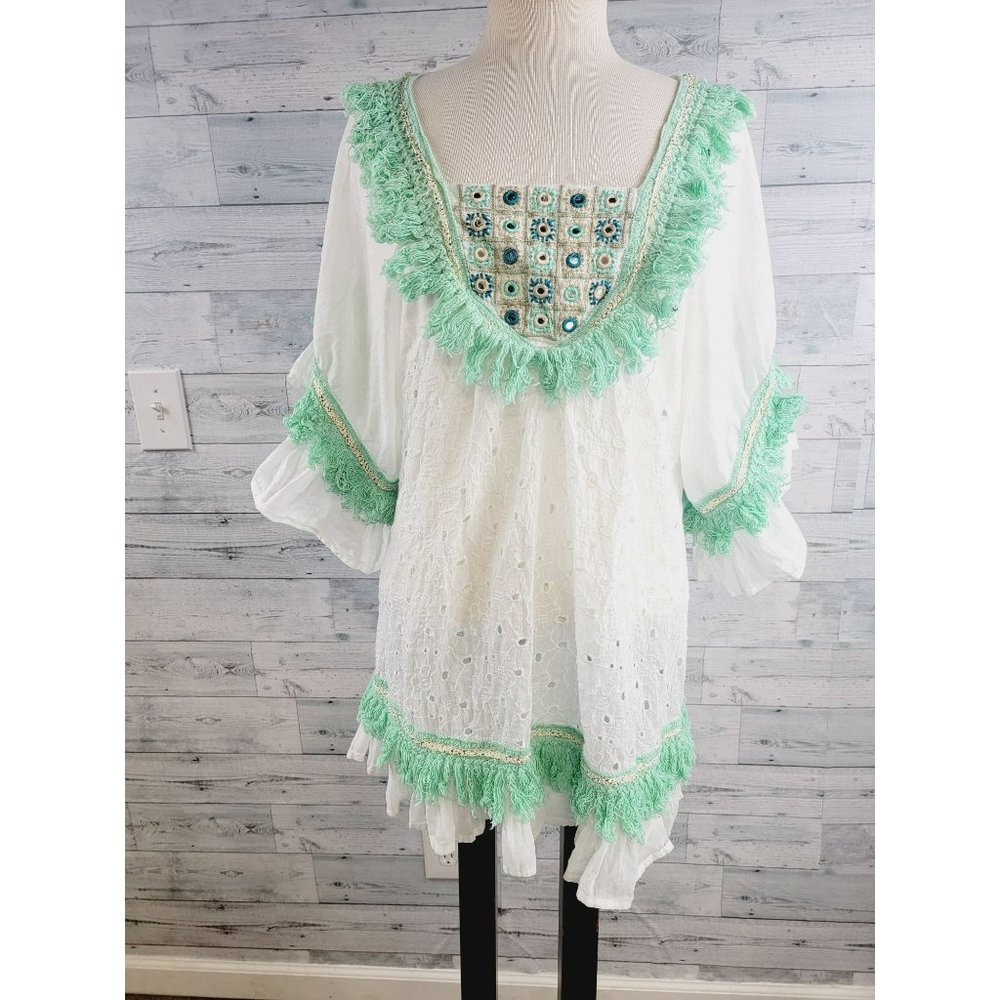 MELE BEACH Turquoise Tunic Crochet Embroidered Ruffled White Size Large EUC